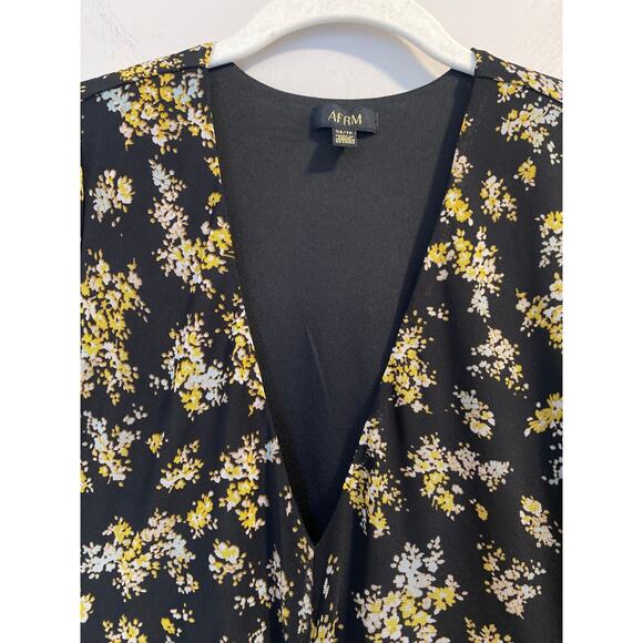 AFRM Tezza Black & Yellow Floral Ruched Mesh Midi Long Sleeves Dress Womens XS - Picture 4 of 11
